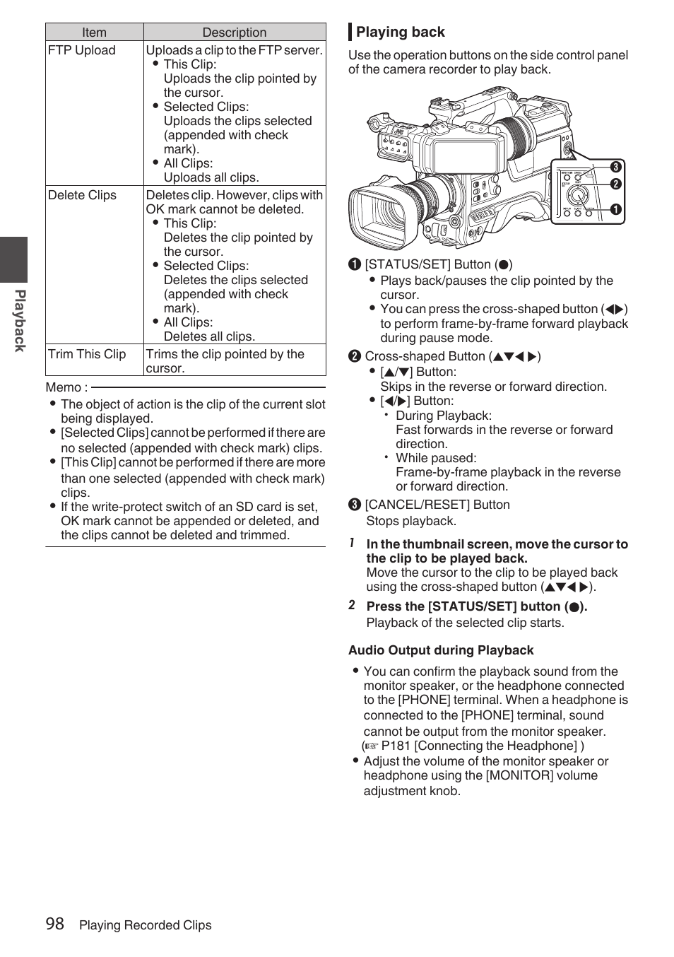 Playing back, P98 [audio output during playback] ) | JVC GY-HC900STU 2/3" HD Connected Cam Studio Camcorder (Body Only) User Manual | Page 98 / 236