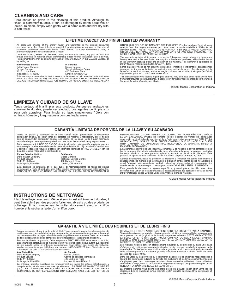 Cleaning and care, Instructions de nettoyage, Limpieza y cuidado de su llave | Lifetime faucet and finish limited warranty | Delta 21911 Series User Manual | Page 6 / 6