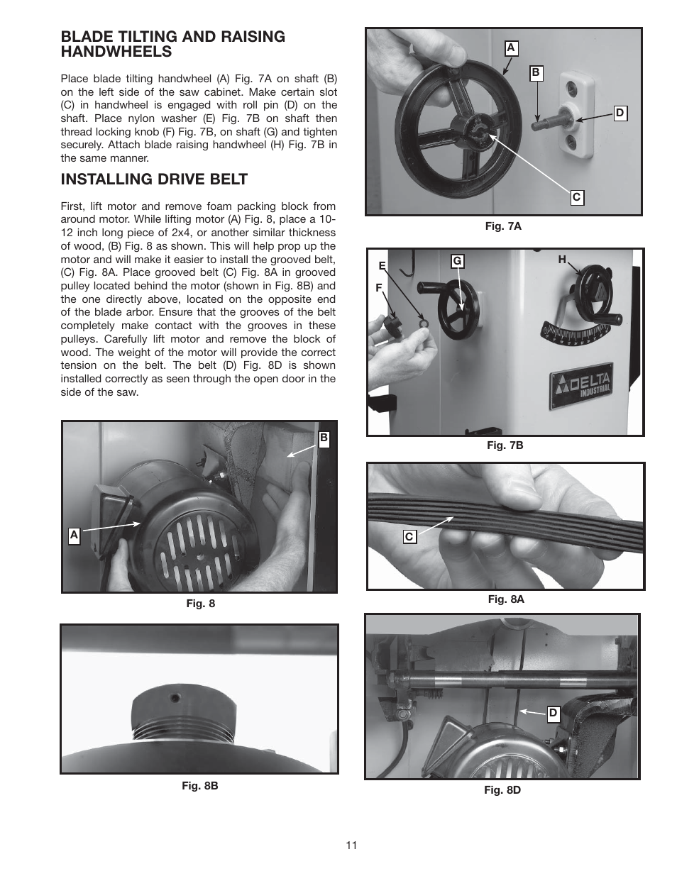 Blade tilting and raising handwheels, Installing drive belt | Delta 36-714 User Manual | Page 11 / 33