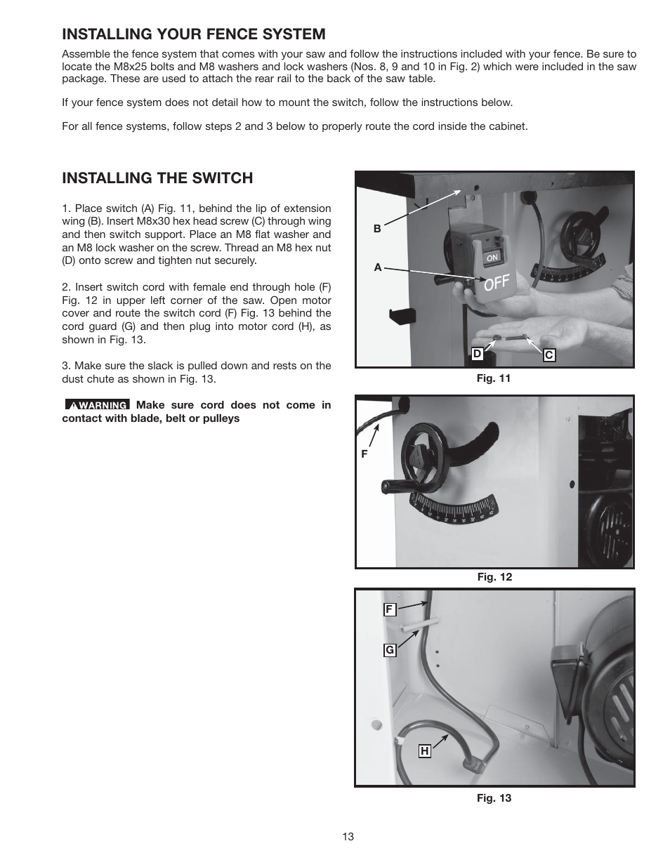 Installing the switch, Installing your fence system | Delta 36-714 User Manual | Page 13 / 33