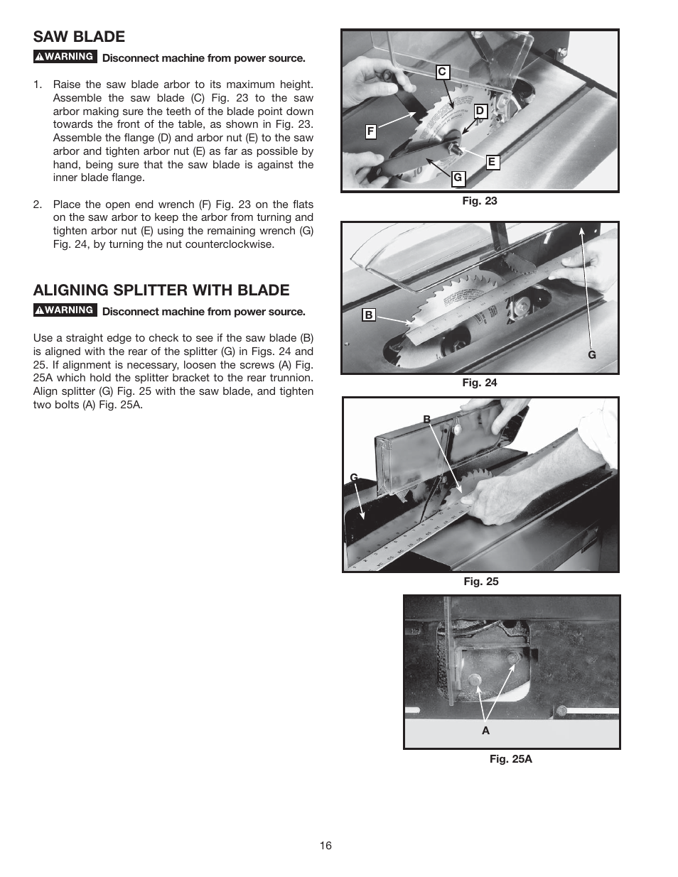Saw blade, Aligning splitter with blade | Delta 36-714 User Manual | Page 16 / 33