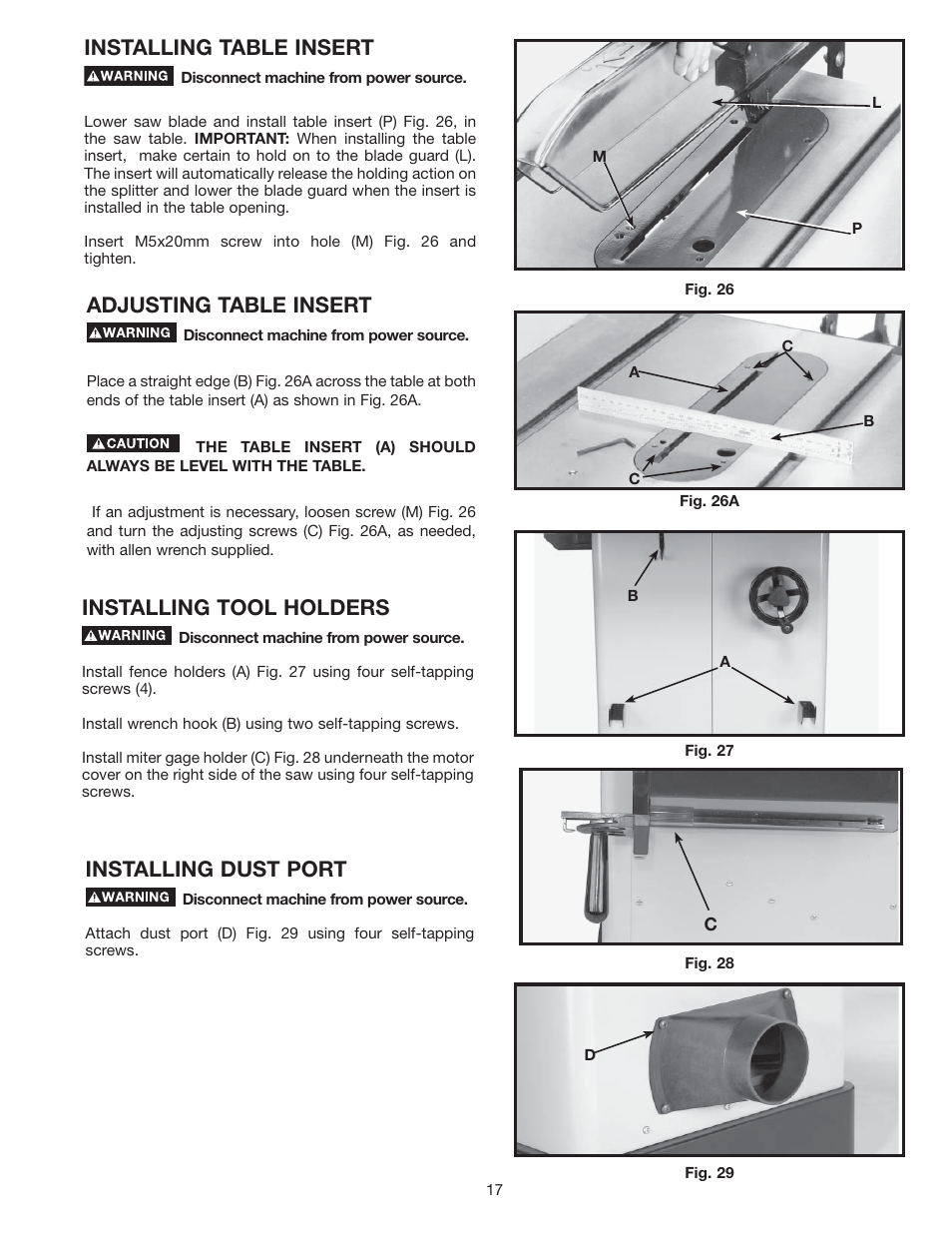 Installing table insert, Installing tool holders, Installing dust port | Adjusting table insert | Delta 36-714 User Manual | Page 17 / 33