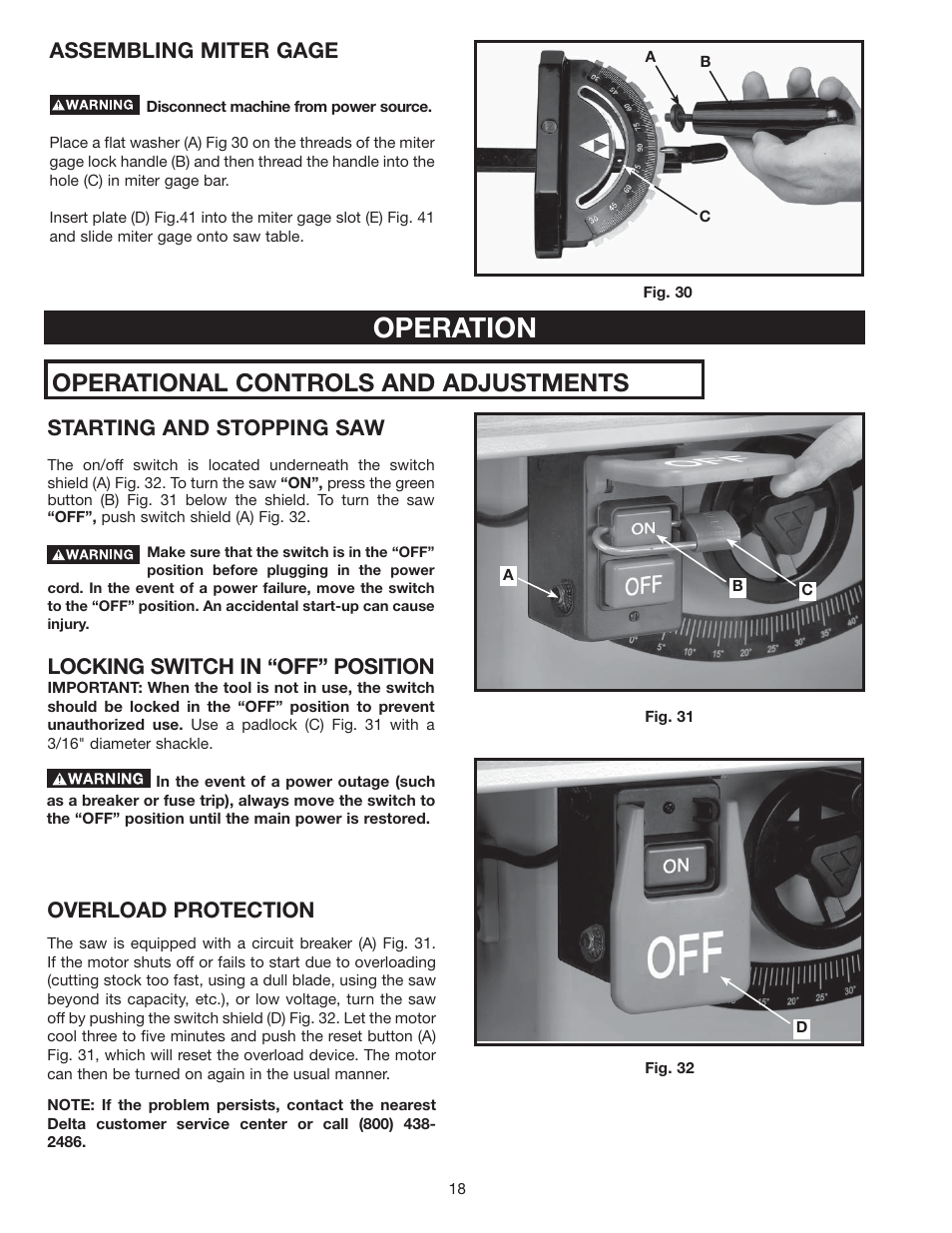 Operation, Operational controls and adjustments, Assembling miter gage | Starting and stopping saw, Locking switch in “off” position, Overload protection | Delta 36-714 User Manual | Page 18 / 33