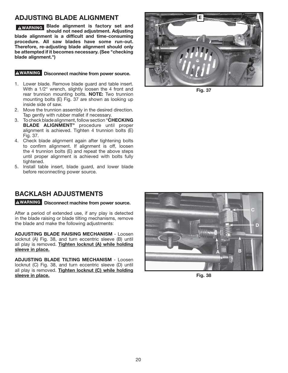 Backlash adjustments, Adjusting blade alignment | Delta 36-714 User Manual | Page 20 / 33