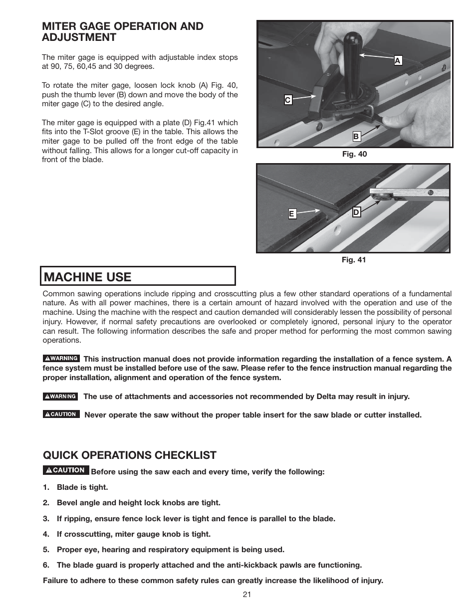 Machine use, Miter gage operation and adjustment, Quick operations checklist | Delta 36-714 User Manual | Page 21 / 33