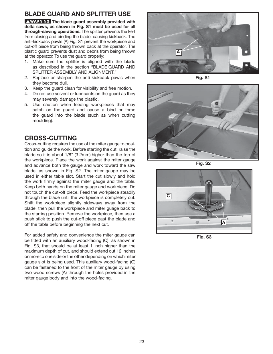 Cross-cutting, Blade guard and splitter use | Delta 36-714 User Manual | Page 23 / 33