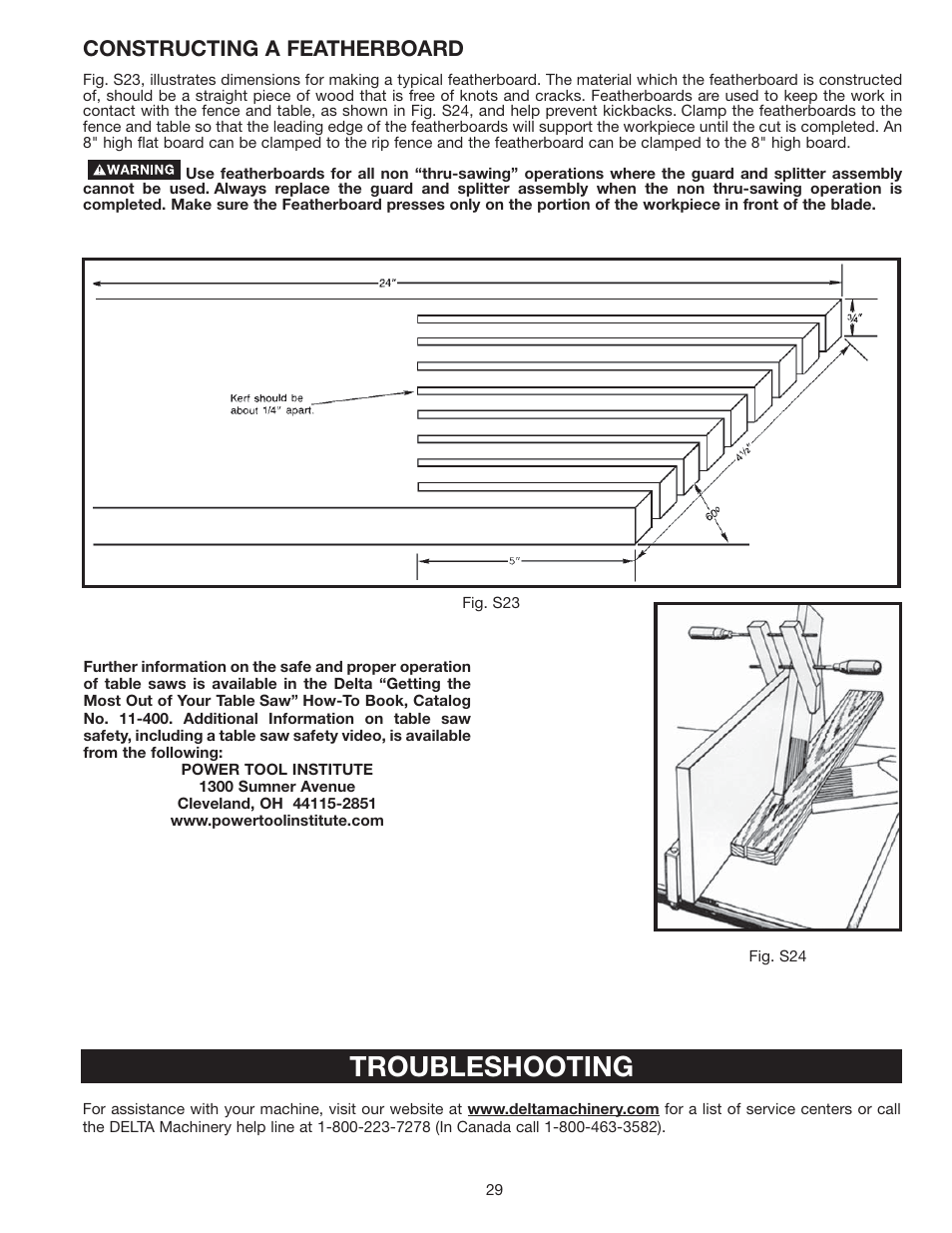 Troubleshooting, Constructing a featherboard | Delta 36-714 User Manual | Page 29 / 33