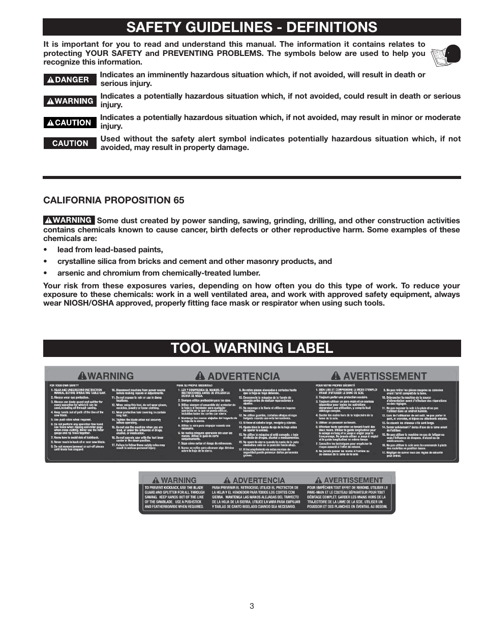 Safety guidelines - definitions, Tool warning label | Delta 36-714 User Manual | Page 3 / 33