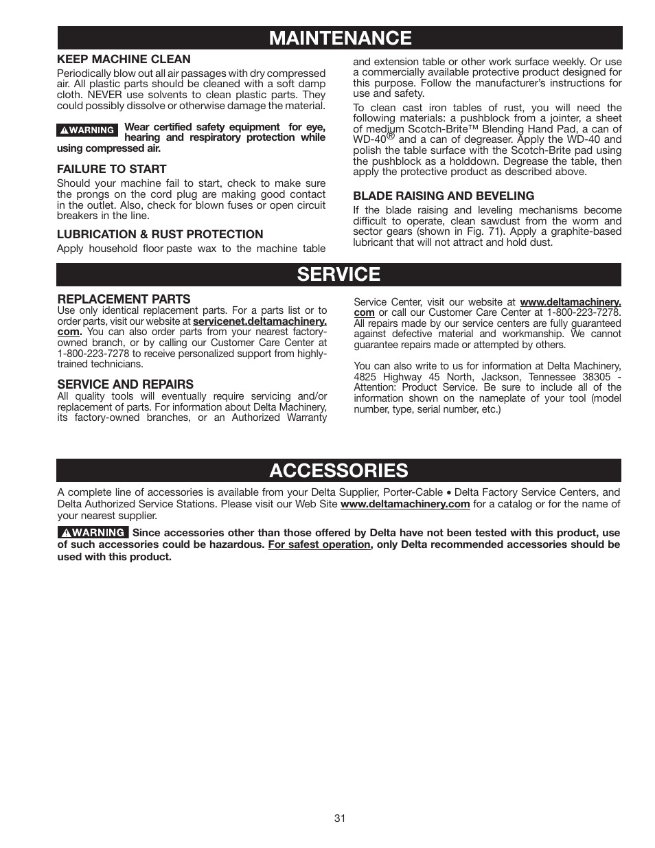 Maintenance, Accessories service | Delta 36-714 User Manual | Page 31 / 33