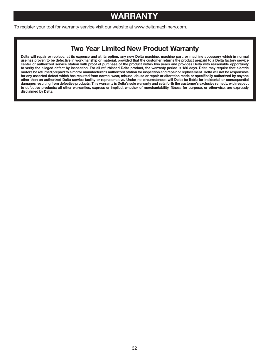 Warranty, Two year limited new product warranty | Delta 36-714 User Manual | Page 32 / 33