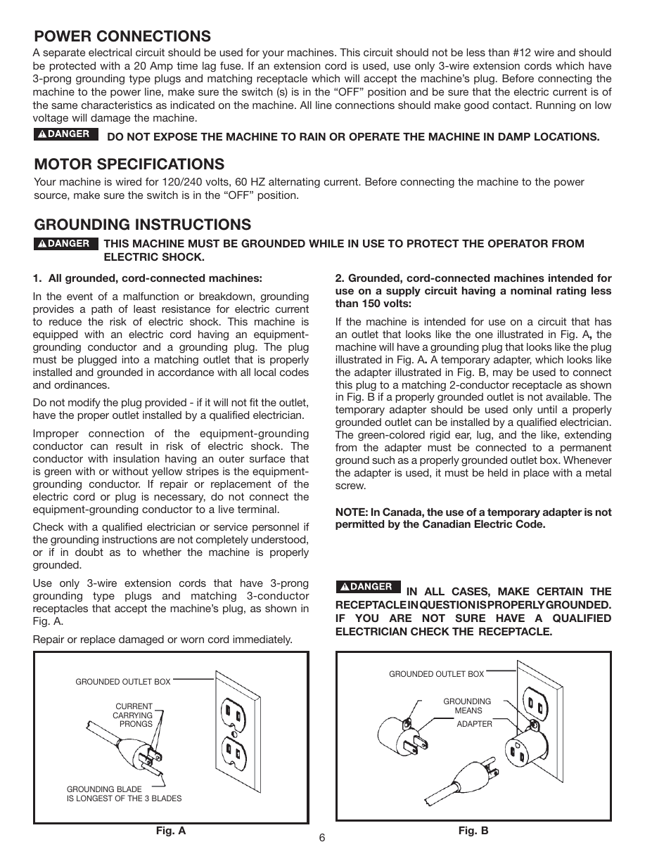 Power connections motor specifications, Grounding instructions | Delta 36-714 User Manual | Page 6 / 33