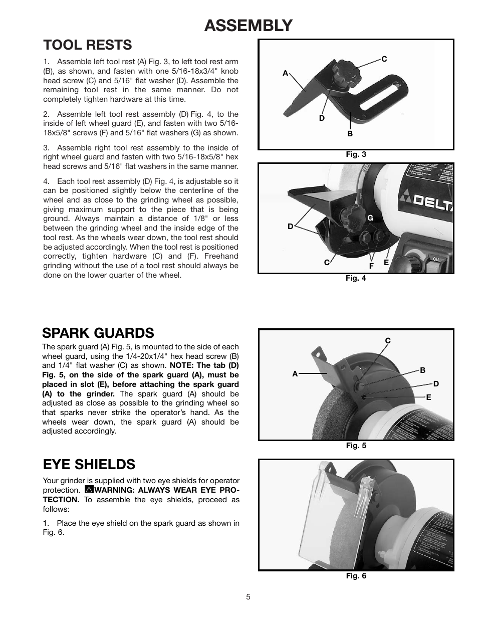 Assembly, Tool rests, Spark guards | Eye shields | Delta 23-655 User Manual | Page 5 / 9