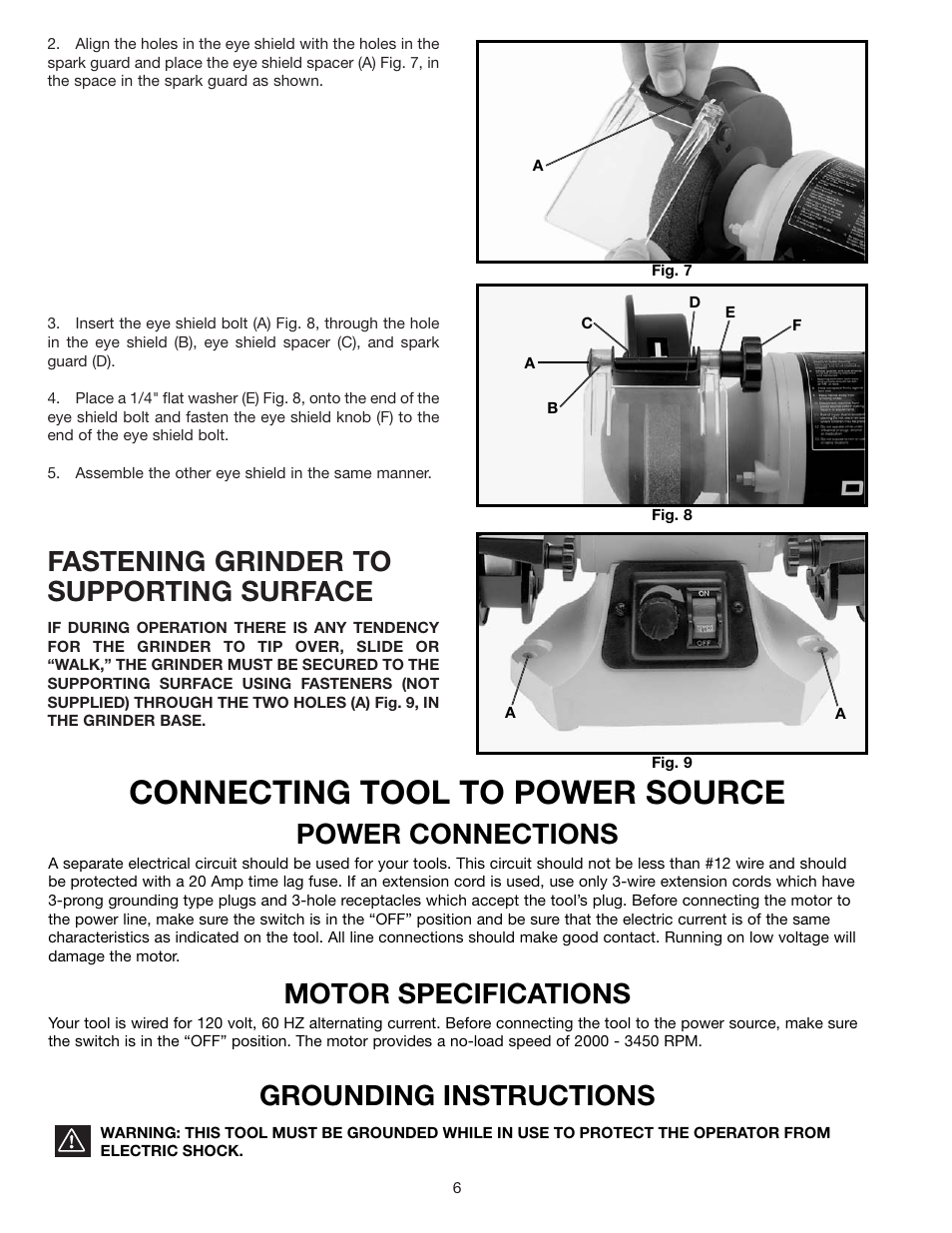 Connecting tool to power source, Fastening grinder to supporting surface, Power connections | Motor specifications, Grounding instructions | Delta 23-655 User Manual | Page 6 / 9