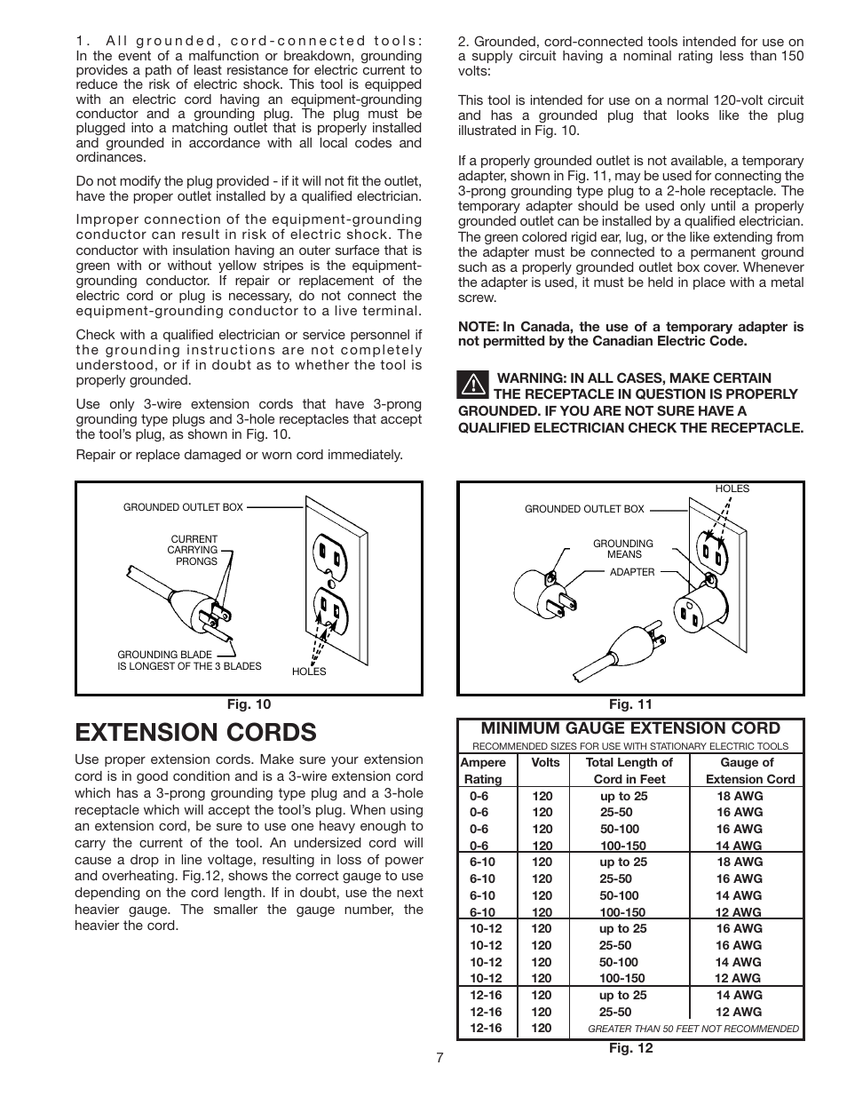 Extension cords, Minimum gauge extension cord | Delta 23-655 User Manual | Page 7 / 9