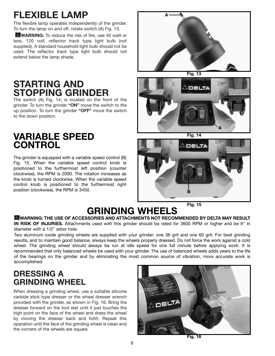 Starting and stopping grinder, Flexible lamp, Grinding wheels | Variable speed control, Dressing a grinding wheel | Delta 23-655 User Manual | Page 8 / 9