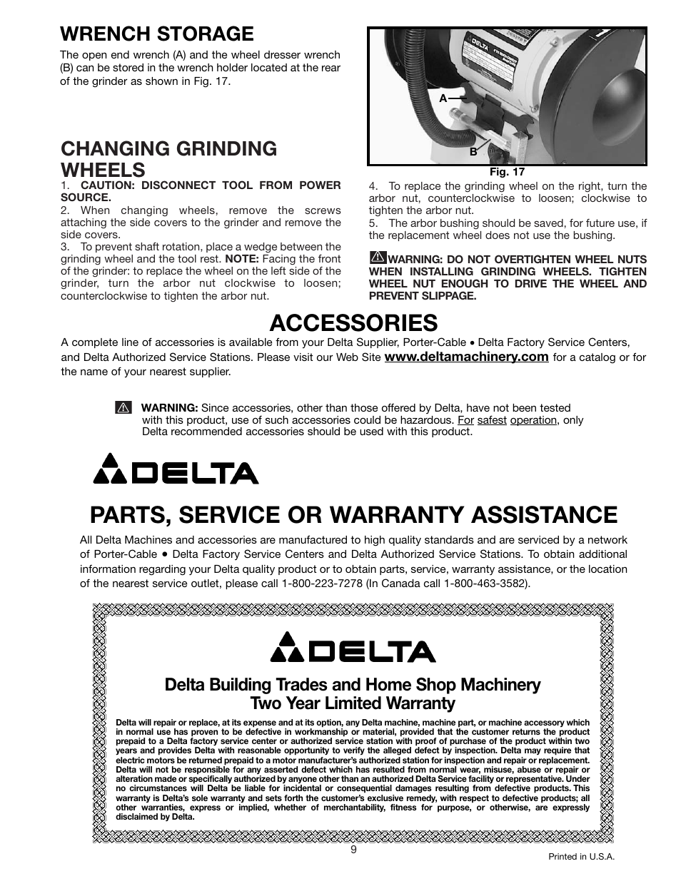 Parts, service or warranty assistance, Accessories, Changing grinding wheels | Wrench storage | Delta 23-655 User Manual | Page 9 / 9