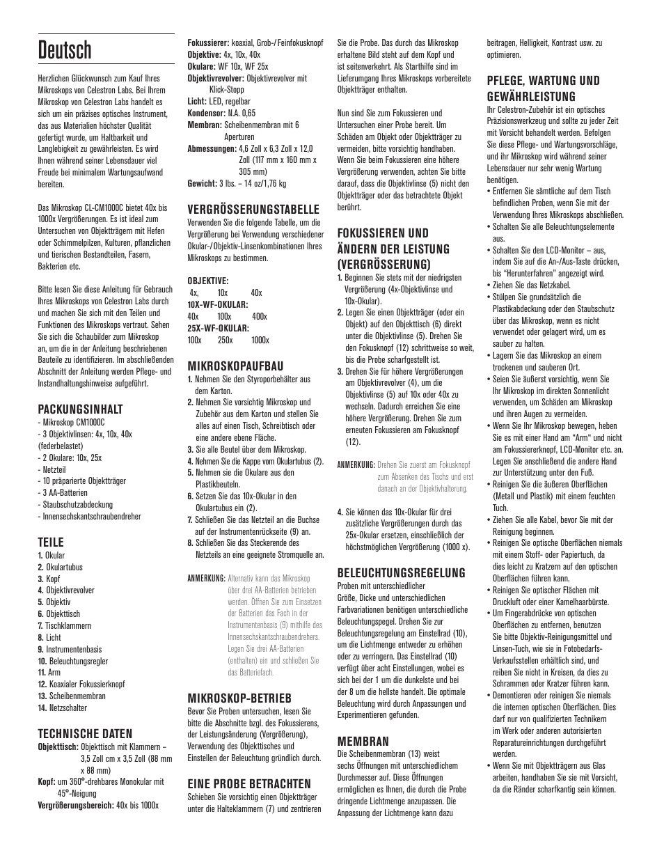 Deutsch, Packungsinhalt, Teile | Technische daten, Vergrösserungstabelle, Mikroskopaufbau, Mikroskop-betrieb, Eine probe betrachten, Beleuchtungsregelung, Membran | LABS CM1000C Cordless Monocular Microscope User Manual | Page 4 / 8