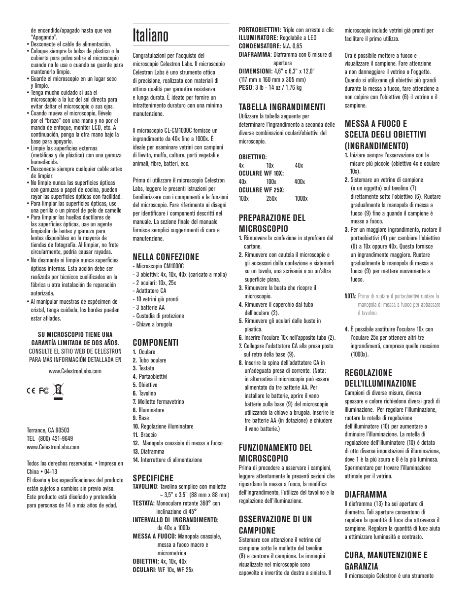 Italiano, Nella confezione, Componenti | Specifiche, Tabella ingrandimenti, Preparazione del microscopio, Funzionamento del microscopio, Osservazione di un campione, Regolazione dell’illuminazione, Diaframma | LABS CM1000C Cordless Monocular Microscope User Manual | Page 6 / 8