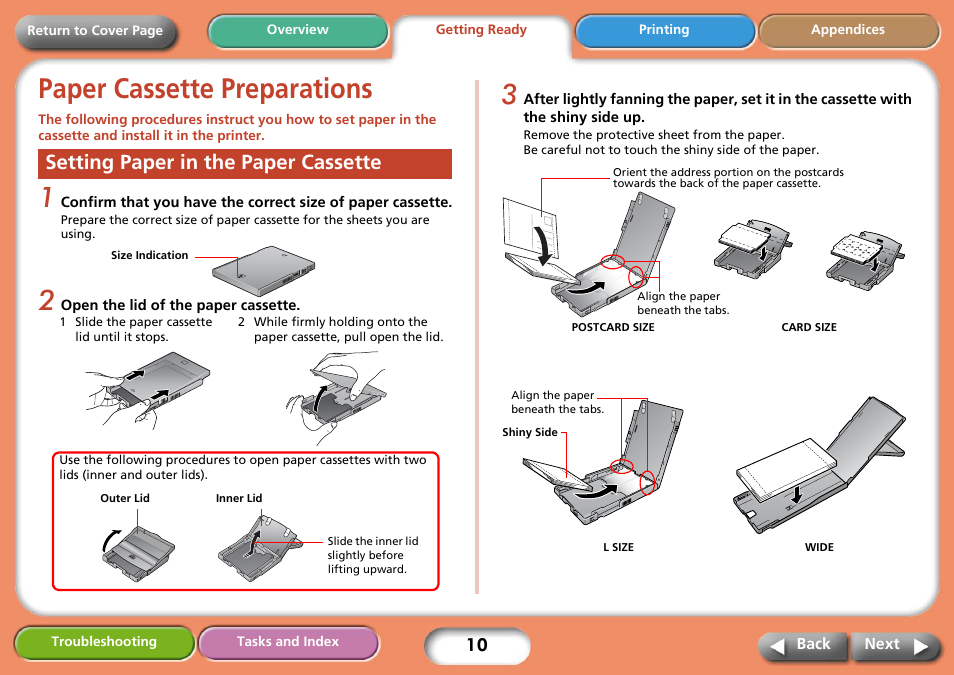 Paper cassette preparations, Setting paper in the paper cassette, Next | Canon SELPHY CP740 User Manual | Page 10 / 50
