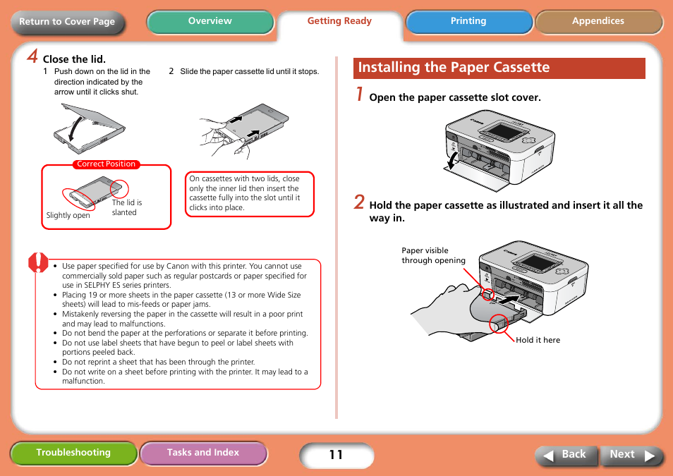 Installing the paper cassette, Next | Canon SELPHY CP740 User Manual | Page 11 / 50