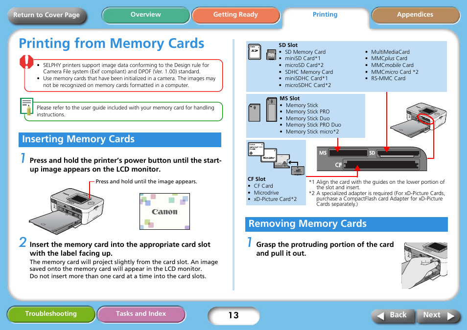 Printing from memory cards, Inserting memory cards, Removing memory cards | Next | Canon SELPHY CP740 User Manual | Page 13 / 50