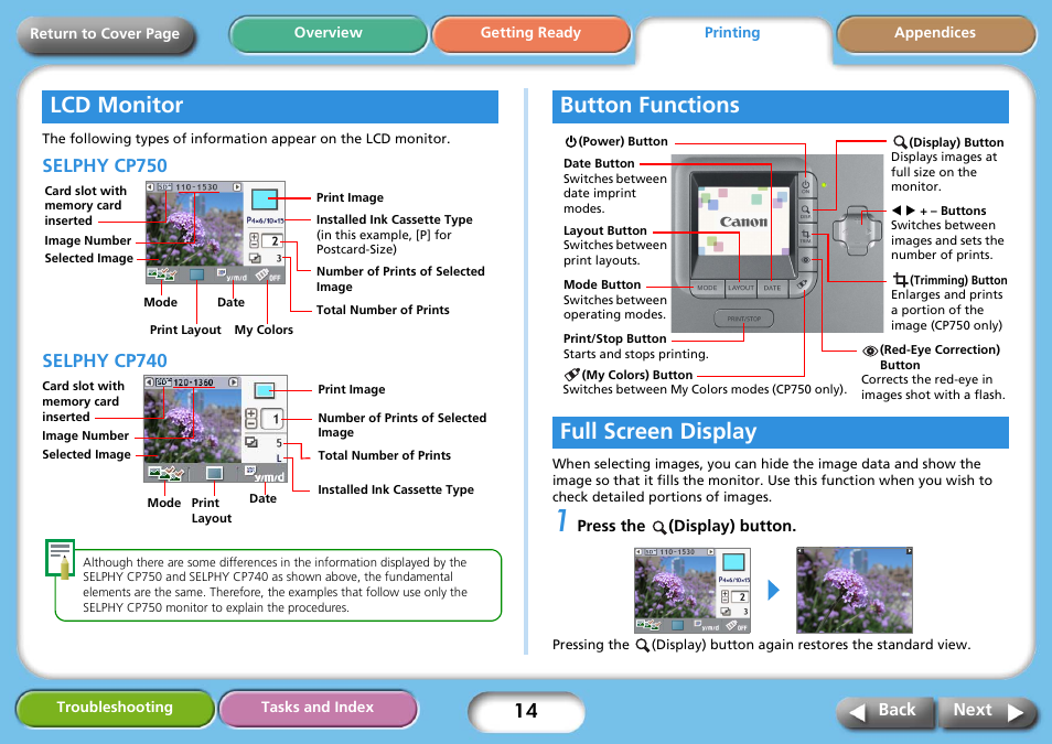 Lcd monitor, Selphy cp750, Selphy cp740 | Button functions, Full screen display, Next, Button functions full screen display | Canon SELPHY CP740 User Manual | Page 14 / 50