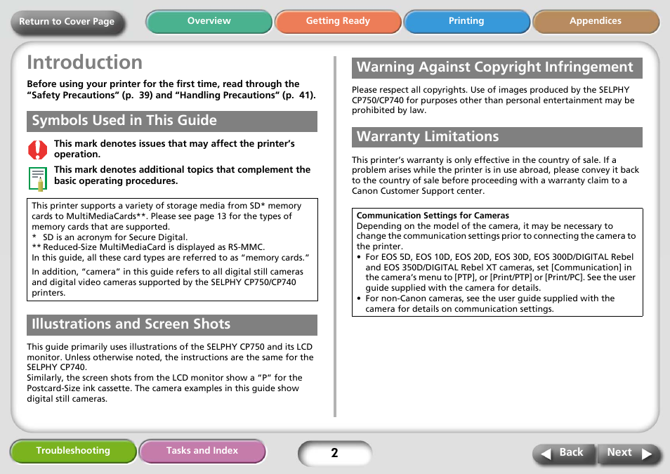 Introduction, Symbols used in this guide, Illustrations and screen shots | Warning against copyright infringement, Warranty limitations, Next | Canon SELPHY CP740 User Manual | Page 2 / 50