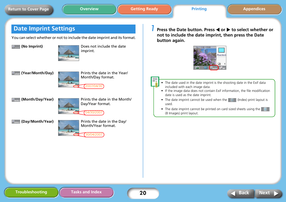 Date imprint settings, Next | Canon SELPHY CP740 User Manual | Page 20 / 50