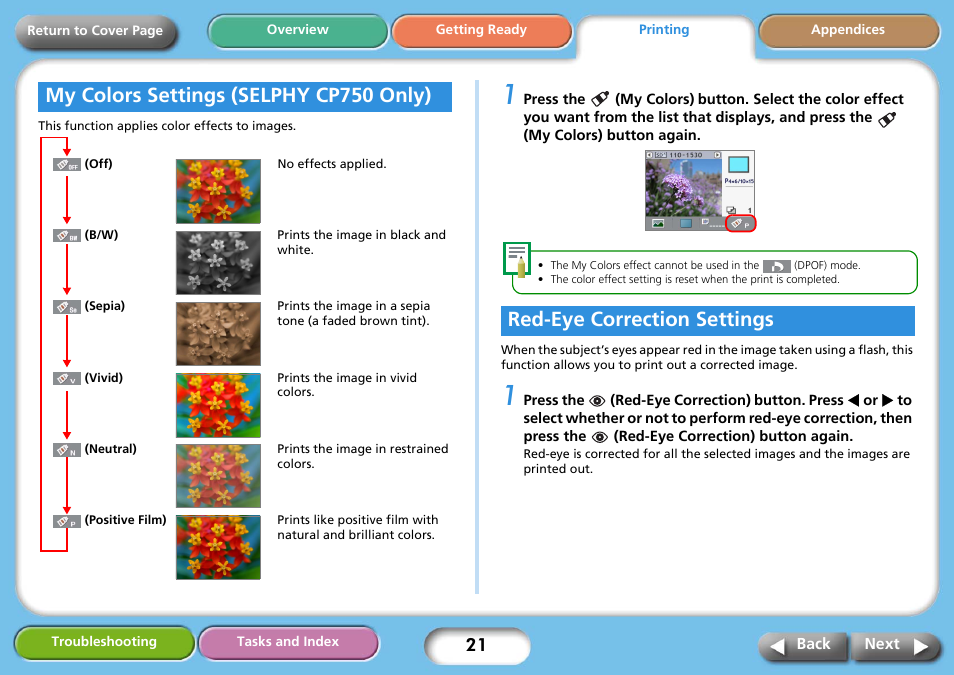 My colors settings (selphy cp750 only), Red-eye correction settings, Next | Canon SELPHY CP740 User Manual | Page 21 / 50