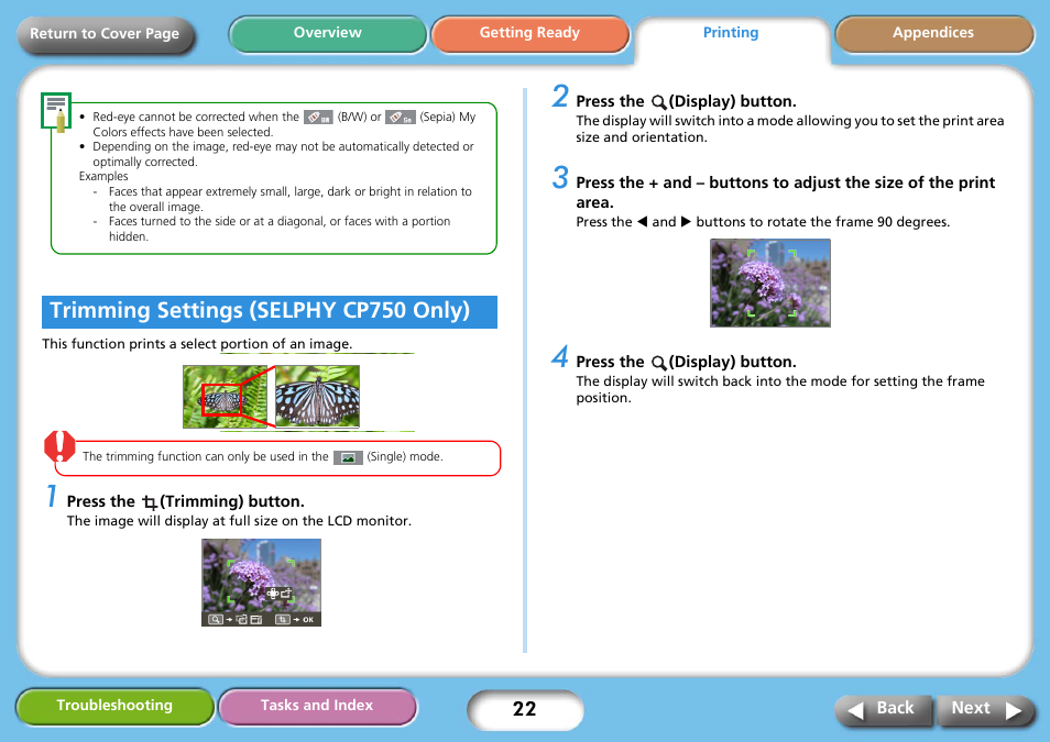 Trimming settings (selphy cp750 only), Next | Canon SELPHY CP740 User Manual | Page 22 / 50