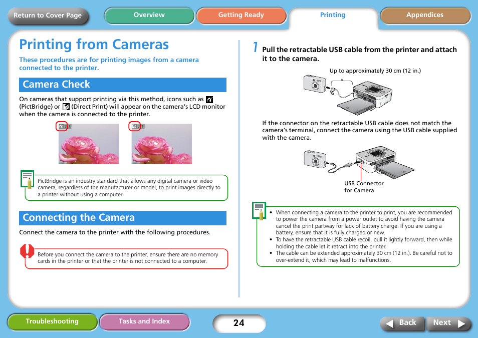 Printing from cameras, Camera check, Connecting the camera | Next, Camera check connecting the camera | Canon SELPHY CP740 User Manual | Page 24 / 50