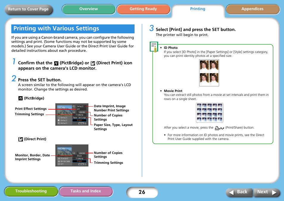 Printing with various settings, Next | Canon SELPHY CP740 User Manual | Page 26 / 50
