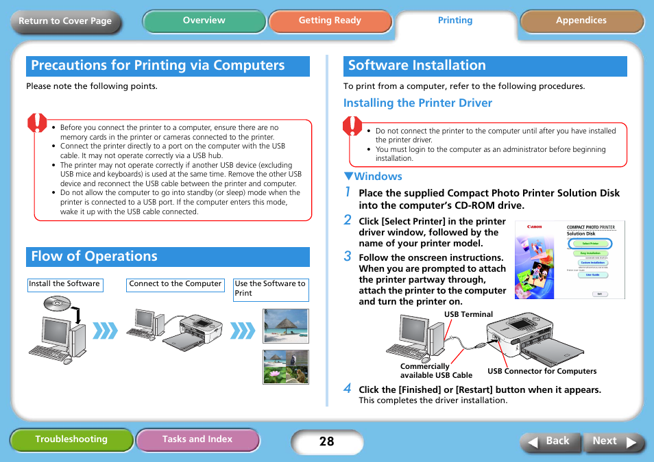 Precautions for printing via computers, Flow of operations, Software installation | Installing the printer driver, Qwindows, Next | Canon SELPHY CP740 User Manual | Page 28 / 50