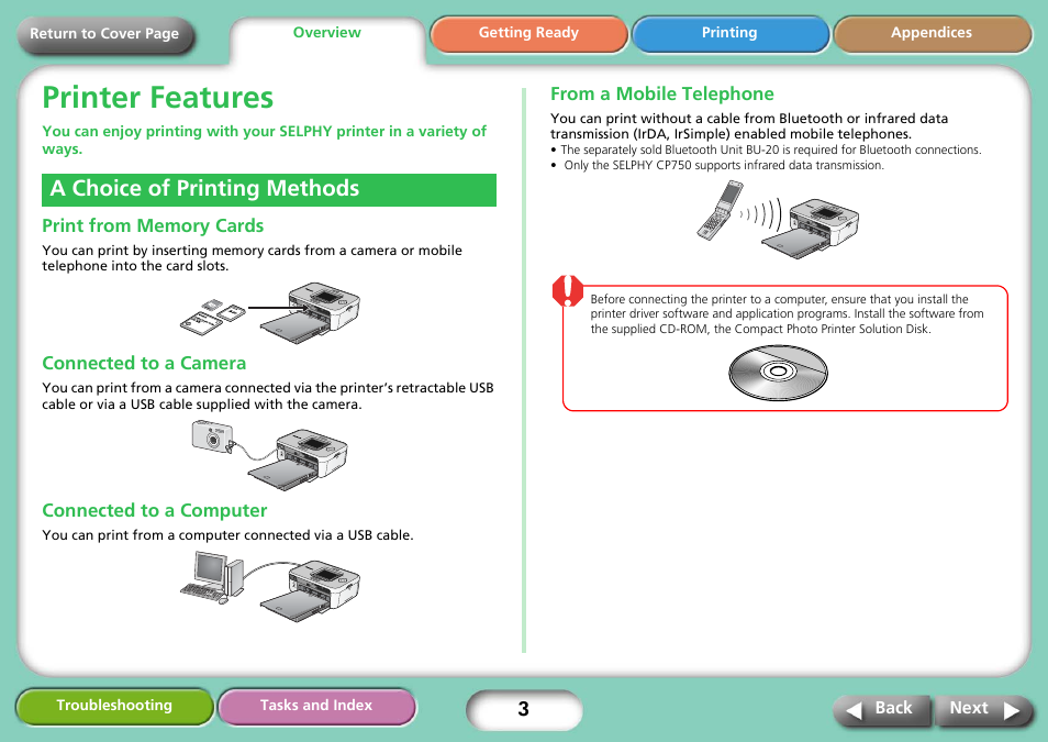 Printer features, A choice of printing methods, Print from memory cards | Connected to a camera, Connected to a computer, From a mobile telephone, Overview, Next | Canon SELPHY CP740 User Manual | Page 3 / 50