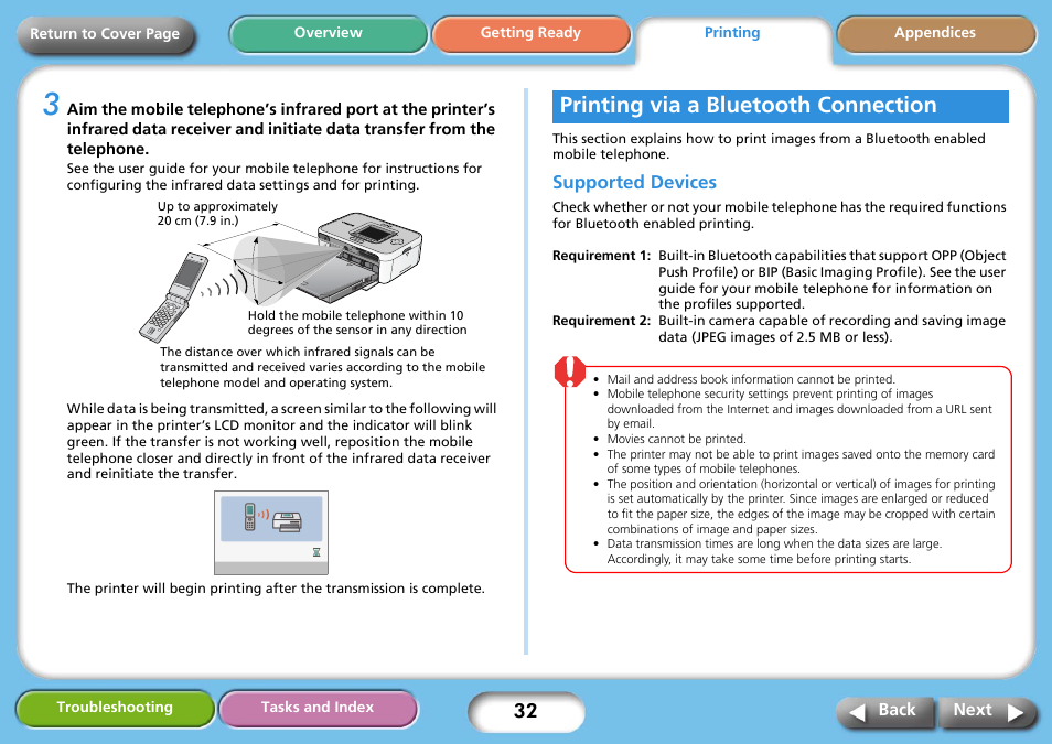 Printing via a bluetooth connection, Supported devices, Next | Canon SELPHY CP740 User Manual | Page 32 / 50