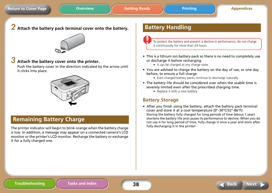 Remaining battery charge, Battery handling, Battery storage | Next, Remaining battery charge battery handling | Canon SELPHY CP740 User Manual | Page 38 / 50
