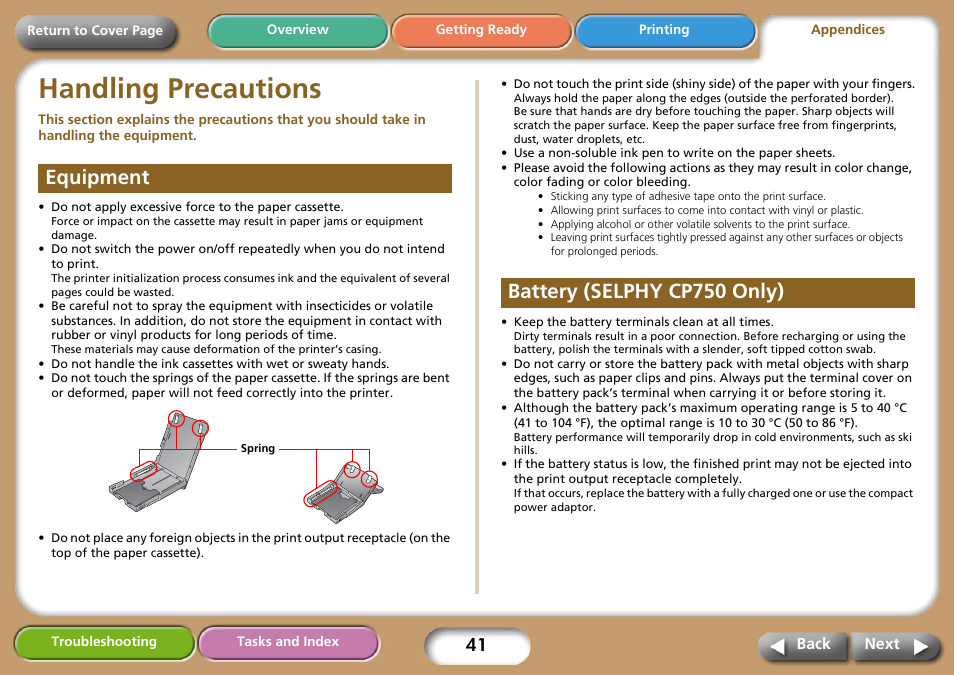 Handling precautions, Equipment, Battery (selphy cp750 only) | Handling precautions” (p. 41), Next | Canon SELPHY CP740 User Manual | Page 41 / 50