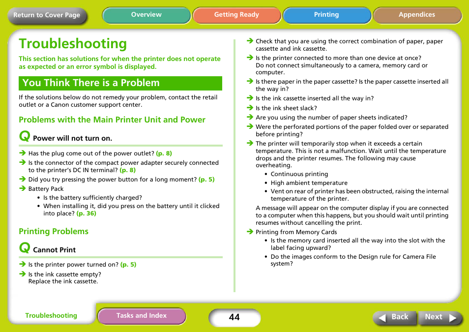 Troubleshooting, You think there is a problem, Problems with the main printer unit and power | Printing problems, Having difficulty? click here, Next | Canon SELPHY CP740 User Manual | Page 44 / 50