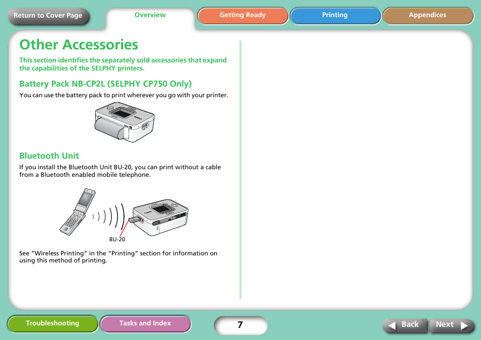 Other accessories, Battery pack nb-cp2l (selphy cp750 only), Bluetooth unit | Next | Canon SELPHY CP740 User Manual | Page 7 / 50