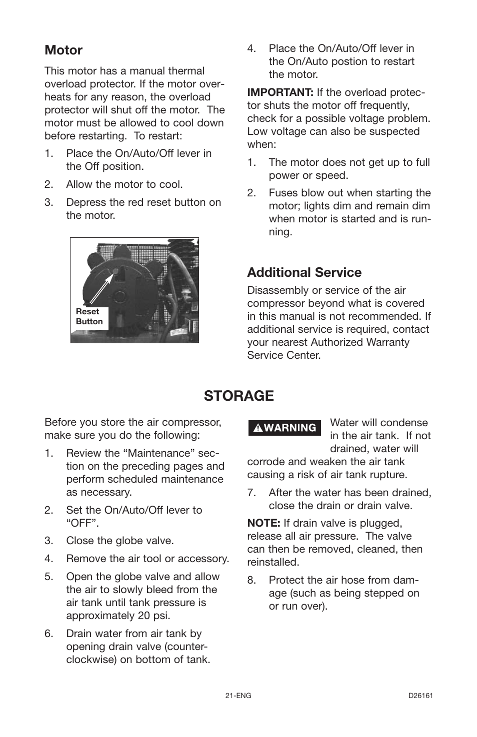 Storage, Motor, Additional service | Delta DLKC6580V2-1 User Manual | Page 21 / 30