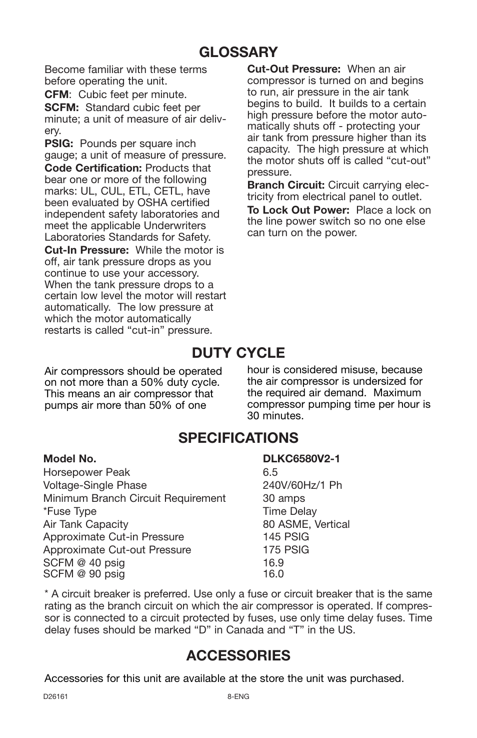 Specifications glossary duty cycle, Accessories | Delta DLKC6580V2-1 User Manual | Page 8 / 30