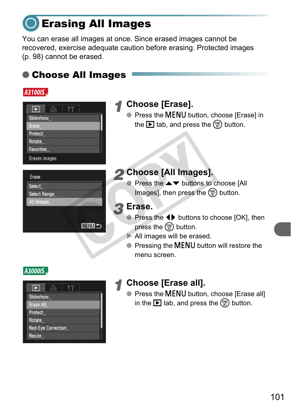 Erasing all images, P. 101), Co py | Canon A3000 IS User Manual | Page 101 / 148