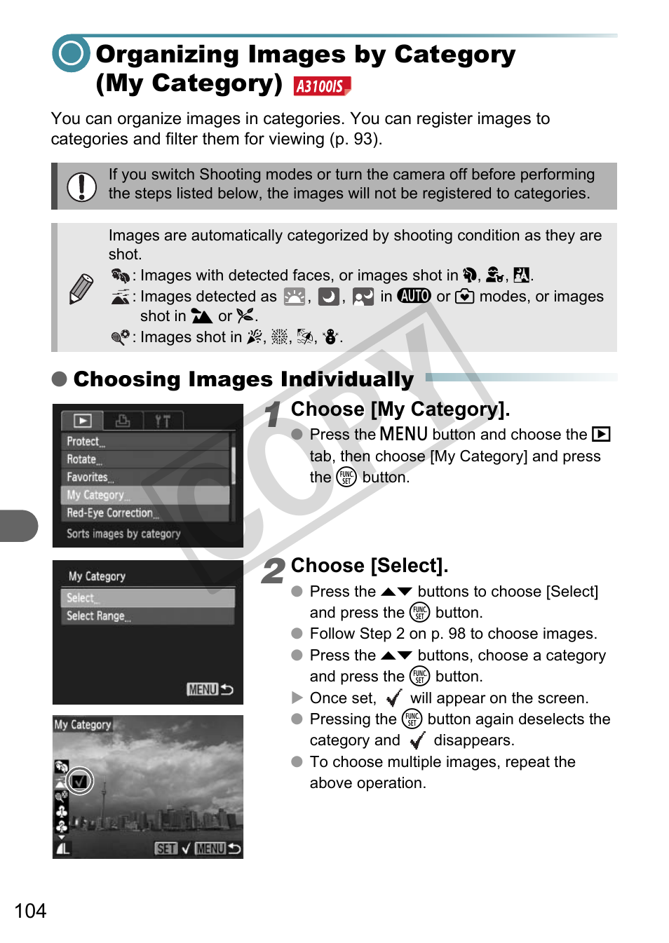 Organizing images by category (my category), Ry (my category) (p. 104), Co py | Canon A3000 IS User Manual | Page 104 / 148