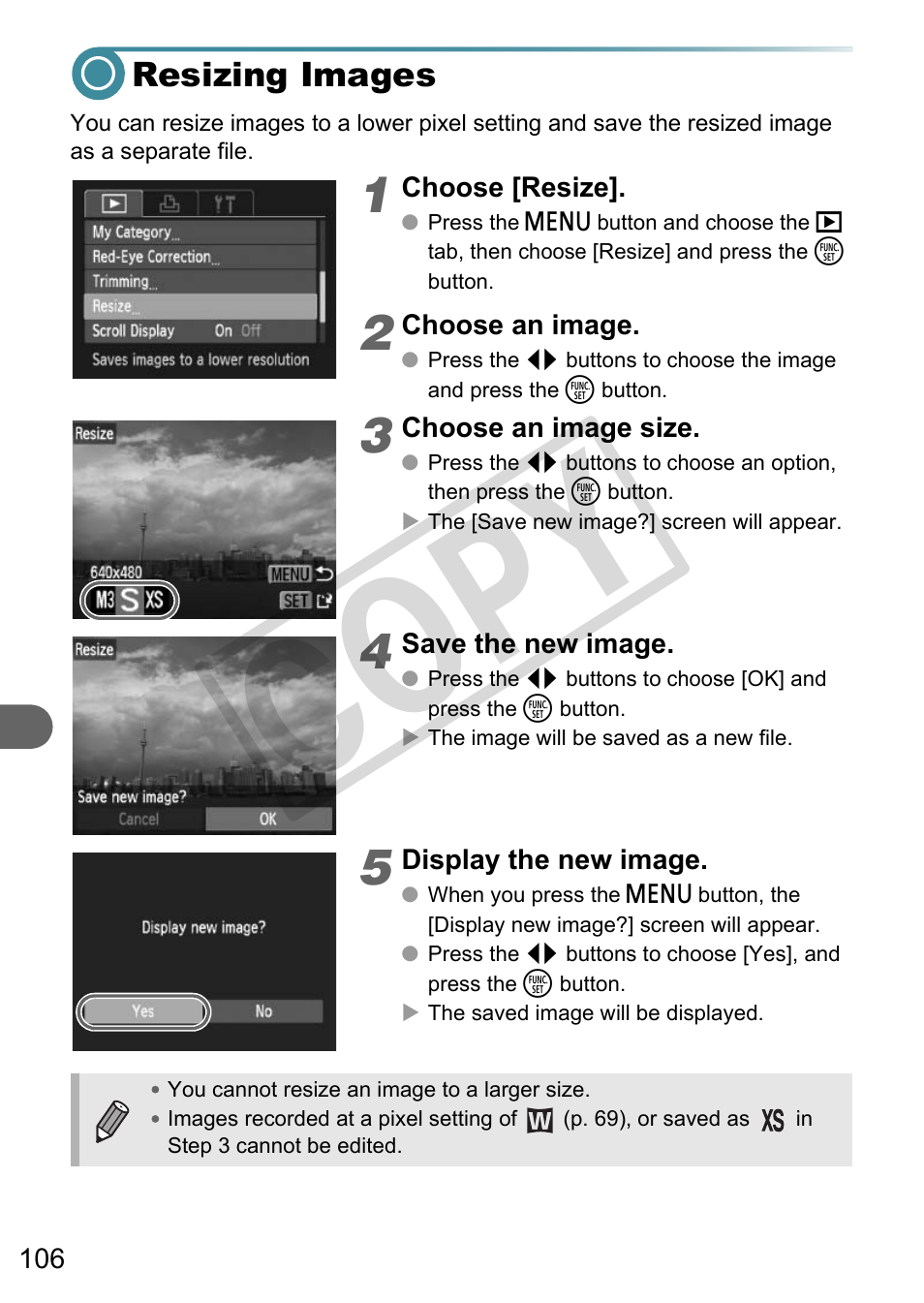 Resizing images, Co py | Canon A3000 IS User Manual | Page 106 / 148