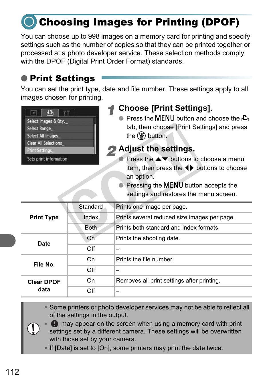 Choosing images for printing (dpof), Co py | Canon A3000 IS User Manual | Page 112 / 148
