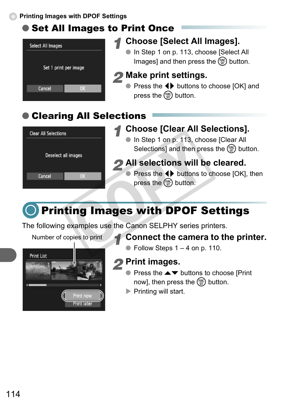Printing images with dpof settings, Co py | Canon A3000 IS User Manual | Page 114 / 148