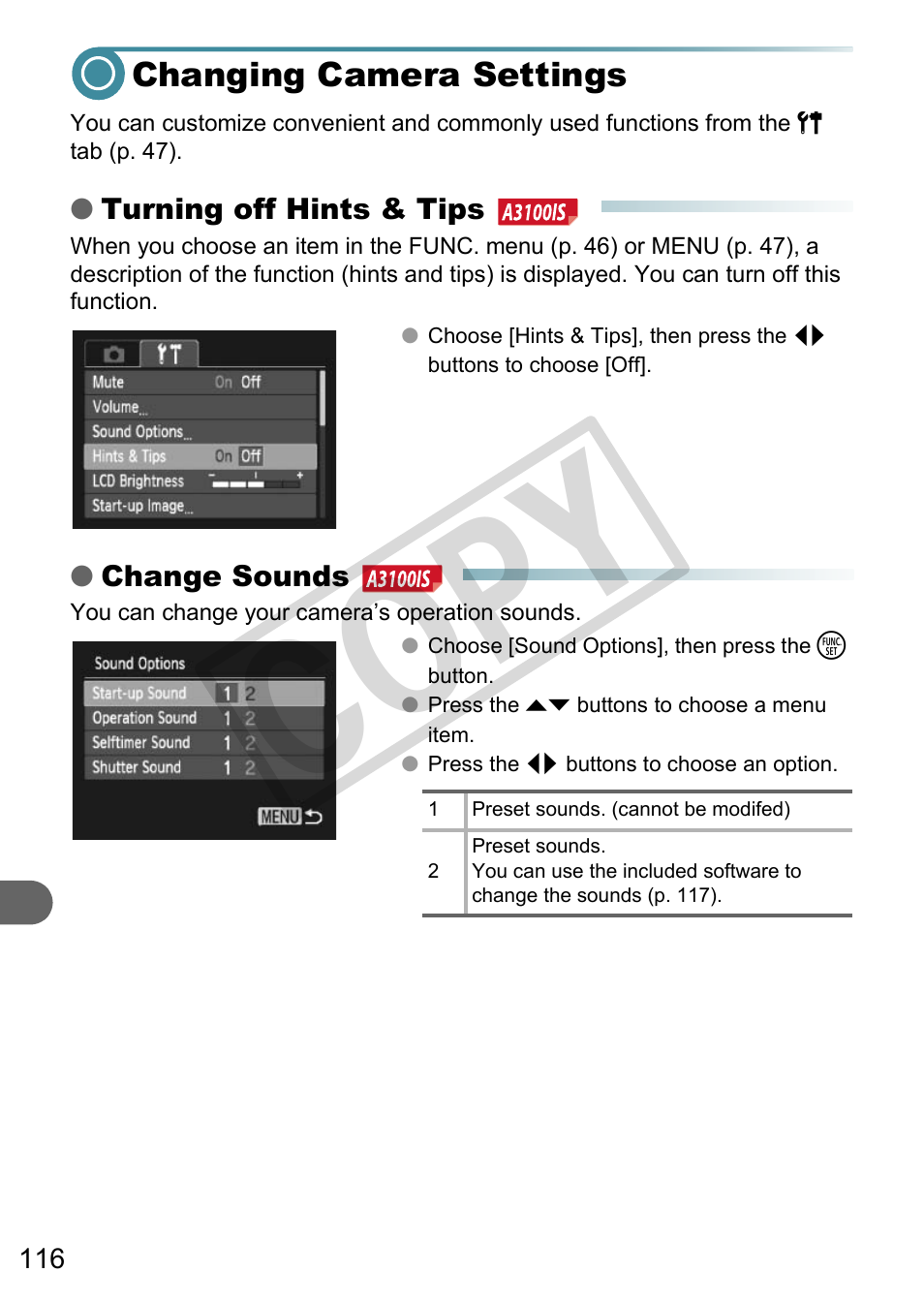 Changing camera settings, Co py | Canon A3000 IS User Manual | Page 116 / 148