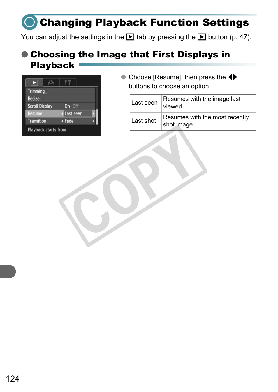 Changing playback function settings, Co py | Canon A3000 IS User Manual | Page 124 / 148