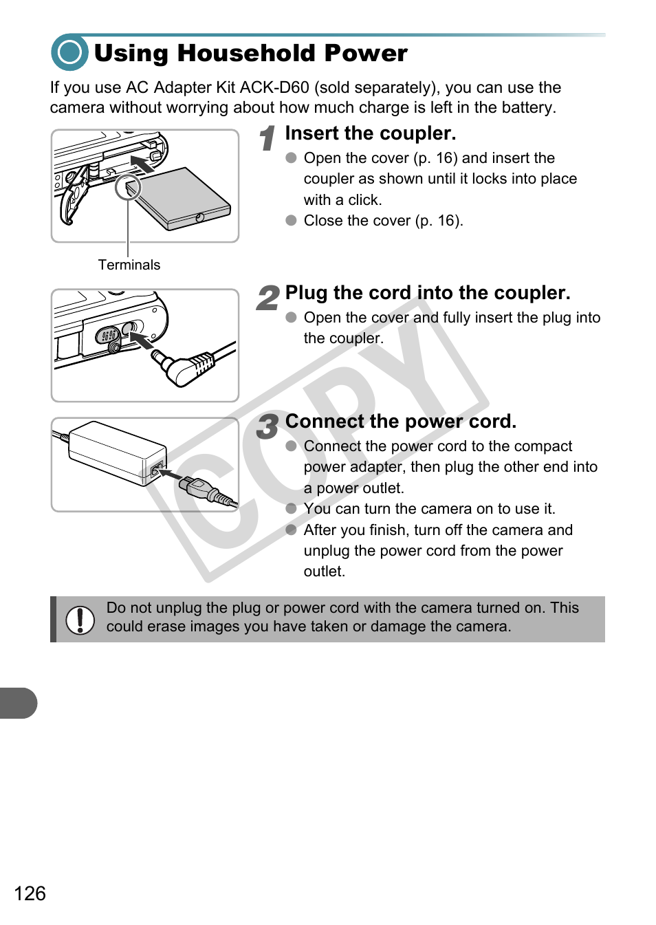 Using household power, Inal cover (p. 126), Co py | Canon A3000 IS User Manual | Page 126 / 148