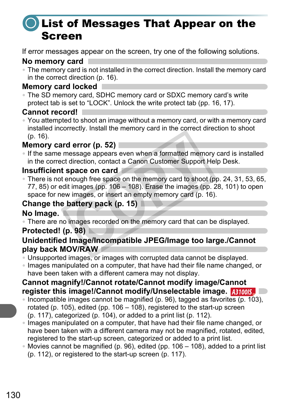 List of messages that appear on the screen, Co py | Canon A3000 IS User Manual | Page 130 / 148